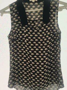 Mine Black and Tan Elephant Print Sheer sleeveless collared Blouse